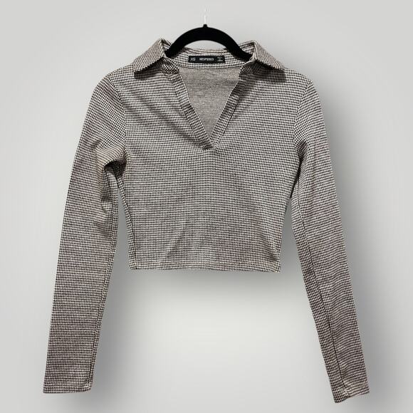 Hesperus Crop Top Women’s Size XS Collared Houndstooth Long Sleeve Brown Tan - Picture 2 of 9